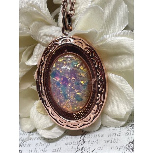 Rose Gold Brass Harlequin Opal Birthday Gift Locket Necklace Pendant Wedding - Picture 6 of 14